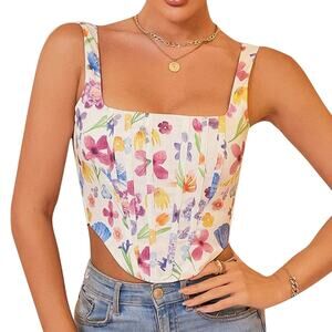 May & Maya White Pink Purple Floral Back Zipper Corset Top Crop Top size L